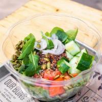 SUPER SALAD · Baby kale, arugula, greenleaf lettuce, tomatoes, cucumbers, red onions, quinoa, and pumpkin ...
