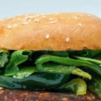 POBLANO VEGGIE BURGER · Organic Veggie Patty, Poblano chiles, grilled onions, arugula, avocado, Monterey Jack cheese...