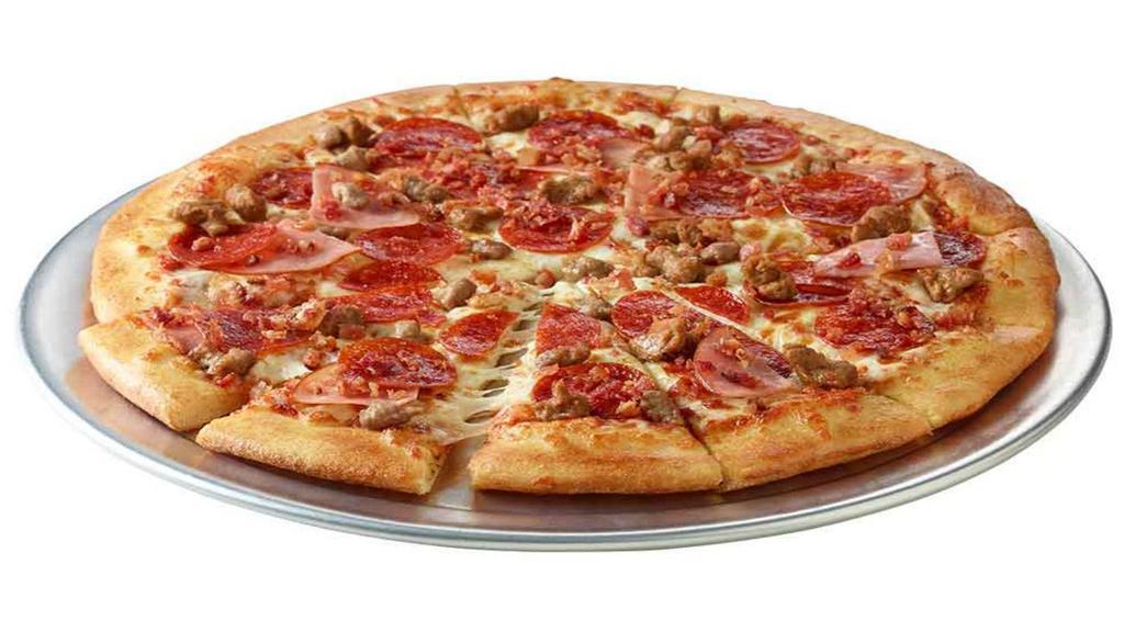 5 Meat Pizza · Absolute meat satisfaction! Our five meat combo is a classic pizza loaded with five types of delicious meats, making it the king of meat pizzas. Pepperoni, sausage, bacon, ham, and beef work together in perfect pizza harmony.