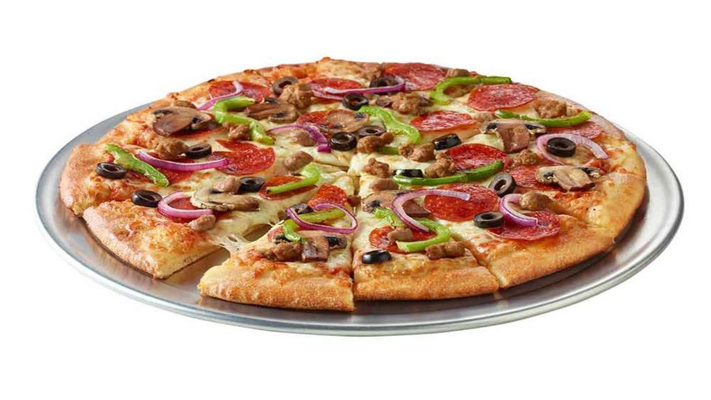 Supreme Pizza · What more could you want in a pizza? This delicious pizza comes stacked with pepperoni, sausage, beef, black olives, mushrooms, red onions, and green peppers. It’s a super combo piled on our delicious cheese pizza with red sauce.