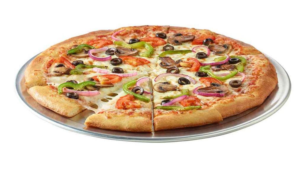 Veggie Pizza · Whether you’re a vegetarian or just a vegetable-lover, this pizza is for you. A medley of vegetables including black olives, mushrooms, red onions, green peppers, and tomatoes sits on top of a classic cheese pizza with red sauce.