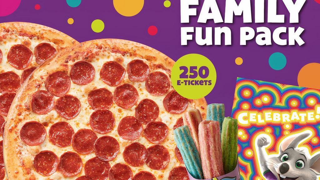 Family Fun Pack · Bring home the fun! Get Two Large, 1- Topping Pizzas, Unicorn Churros, a Goody Bag with toys and activities, an Activity Sheet & 250 E-Tickets to use on your next visit.