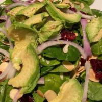 Spinach Salad · Red onion, toasted almonds, feta cheese, cranberries, avocado, citrus vinaigrette.