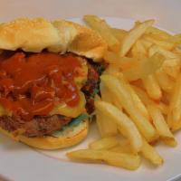 BBQ Bacon Burger · BBQ sauce, crumbled bacon, cheddar. Served with 	Kennebec potato french fries and our house-...