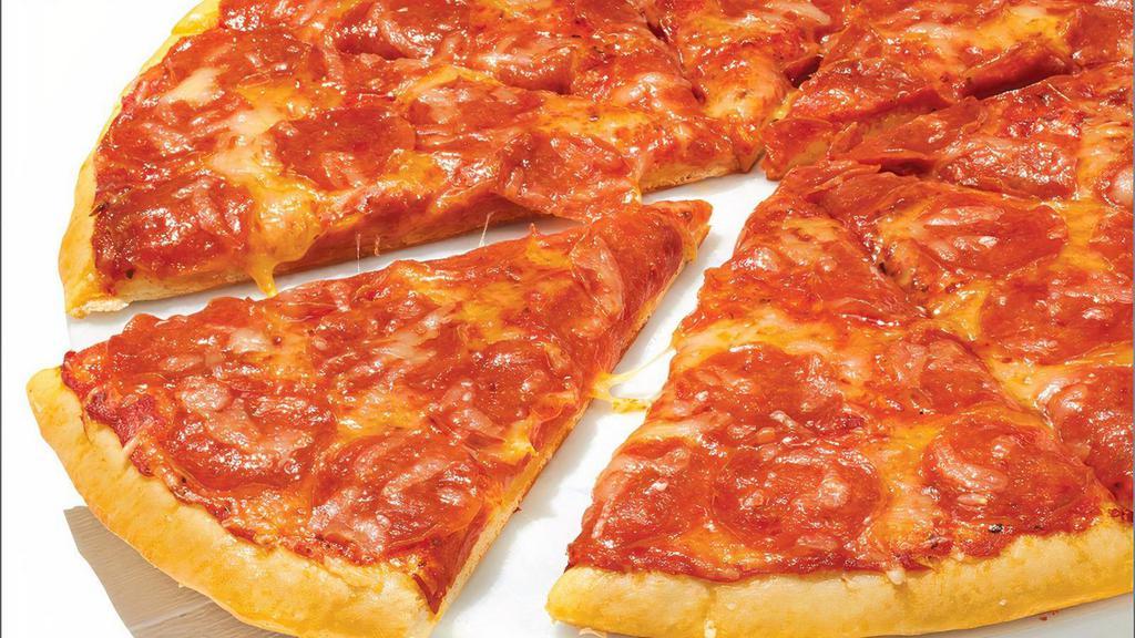 Dairy Free Cheese Pepperoni - Baking Required · Our Original Crust topped with Traditional Red Sauce, Dairy Free Mozzarella, and Premium Pepperoni