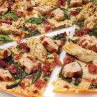 Dairy Free Cheese Chicken Bacon Artichoke - Baking Required · Our Artisan Thin Crust, topped with Creamy Garlic Sauce, Dairy Free Mozzarella, Grilled Chic...