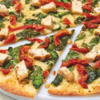 Dairy Free Cheese Herb Chicken Mediterranean - Baking Required · Our Artisan Thin Crust, topped with Olive Oil, Chopped Garlic, Dairy Free Mozzarella, Grille...