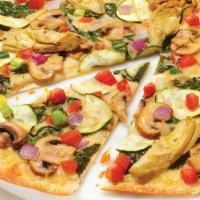 Dairy Free Cheese Gourmet Vegetarian - Baking Required · Our Artisan Thin Crust, topped with Creamy Garlic Sauce, Dairy Free Mozzarella, Fresh Spinac...