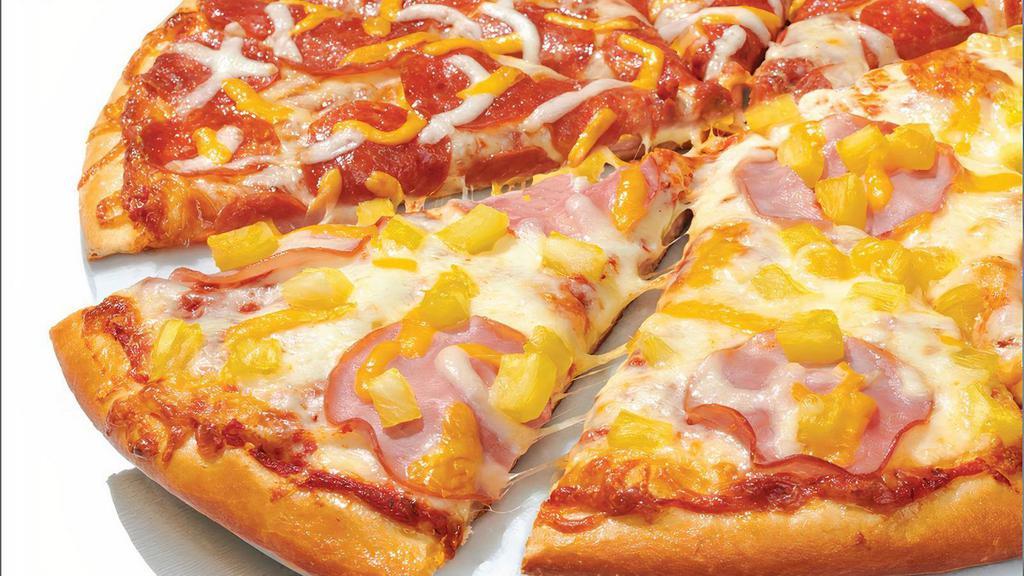 The Papa'S Perfect - Baking Required · Our Original Crust topped with Traditional Red Sauce, Whole-Milk Mozzarella and Cheddar, and half Premium Pepperoni, half Canadian Bacon and Pineapple
