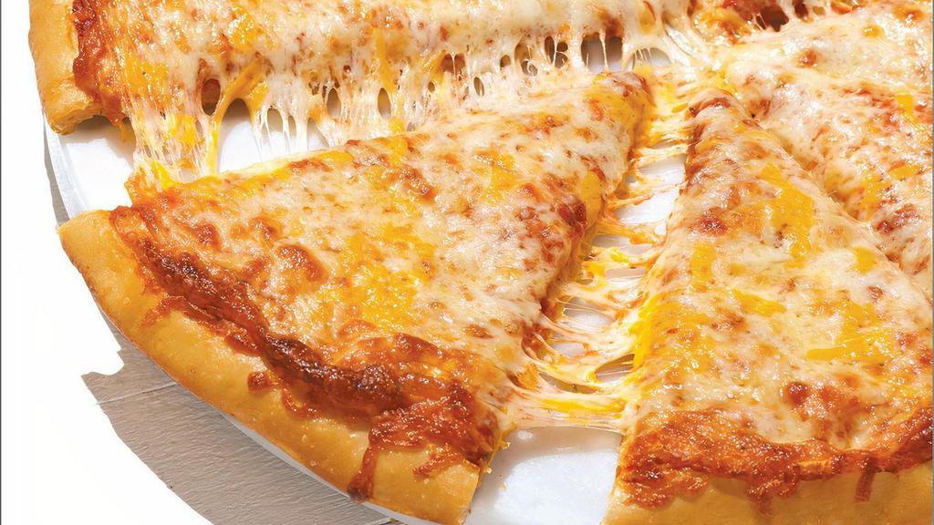 Cheese - Baking Required · Our Original Crust topped with Traditional Red Sauce, Whole-Milk Mozzarella and Mild Cheddar.