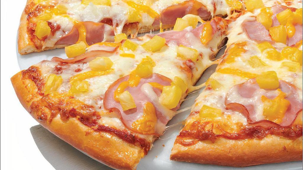 Hawaiian - Baking Required · Our Original Crust topped with Traditional Red Sauce, Whole-Milk Mozzarella, Mild Cheddar, Canadian Bacon and Pineapple.