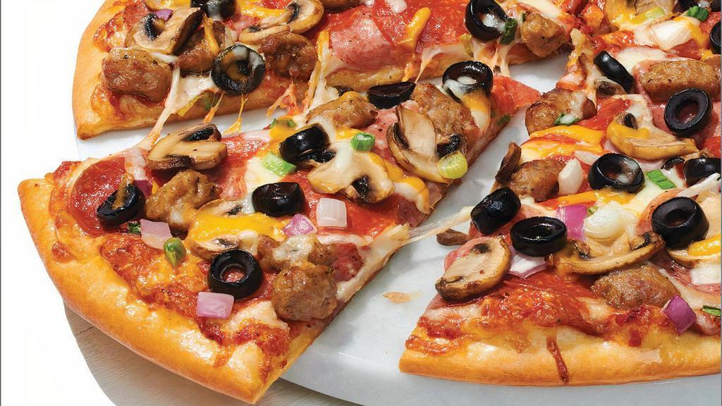 Murphy'S Combo - Baking Required · Our Original Crust topped with Traditional Red Sauce, Whole-Milk Mozzarella, Salami, Premium Pepperoni, Italian Sausage, Sliced Mushrooms, Mixed Onions and Black Olives, and Cheddar. Currently, some of our Papa Murphy’s stores are experiencing periodic outages of Salami. We apologize for any inconvenience.