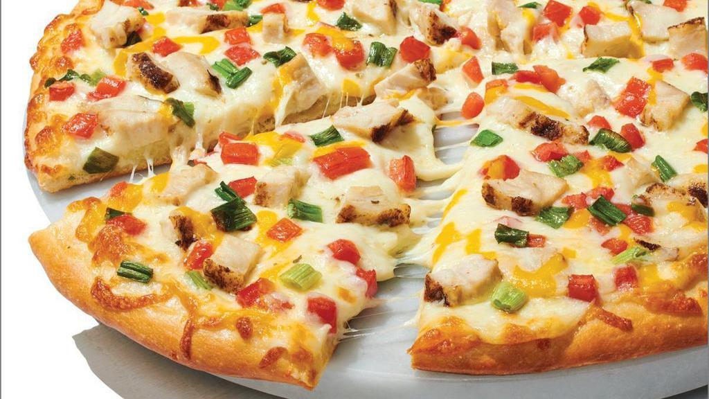 Chicken Garlic - Baking Required · Our Original Crust topped with Creamy Garlic Sauce, Whole-Milk Mozzarella, Grilled Chicken Raised Without Antibiotics, Roma Tomatoes, Green Onions, Cheddar, and Herb & Cheese Blend