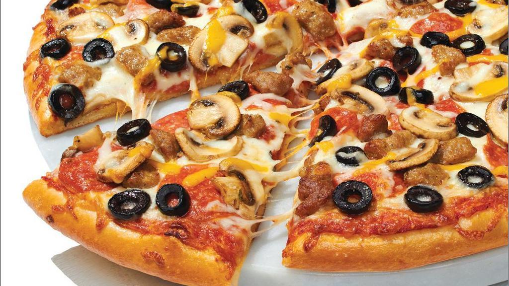 Cowboy - Baking Required · Our Original Crust topped with Traditional Red Sauce, Whole-Milk Mozzarella, Premium Pepperoni, Italian Sausage, Sliced Mushrooms, Black Olives, Cheddar, and Herb & Cheese Blend