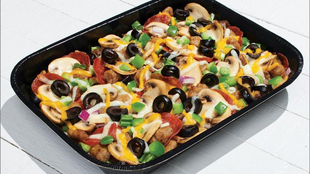 Papa'S Favorite (Keto Friendly) - Baking Required · Traditional Red Sauce, Whole-Milk Mozzarella, Premium Pepperoni, Italian Sausage, Ground Beef, Sliced Mushrooms, Mixed Onions, Green Peppers, Black Olives, and Cheddar. To make this Keto-friendly, simply change the Traditional Red Sauce to Creamy Garlic Sauce or Olive Oil & Garlic Sauce. Macros for this entire tray with the default build are Fats: 104g, Proteins: 77g, Carbs: 33g. For more product information and our nutritional calculator please visit Papamurphys.com/nutrition.
