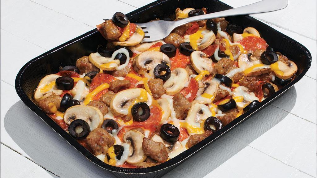 Cowboy (Keto Friendly) - Baking Required · Traditional Red Sauce, Whole-Milk Mozzarella, Premium Pepperoni, Italian Sausage, Sliced Mushrooms, Black Olives, Cheddar, and Herb & Cheese Blend without the Crust. To make this Keto-friendly, simply change the Traditional Red Sauce to Creamy Garlic Sauce or Olive Oil & Garlic Sauce. Macros for this entire tray with the default build are Fats: 100g, Proteins: 75g, Carbs: 28g . For more product information and our nutritional calculator please visit Papamurphys.com/nutrition.