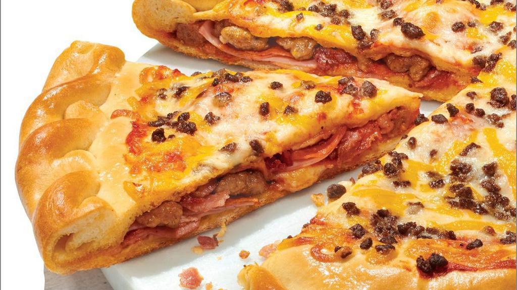 5-Meat Stuffed - Baking Required · Two layers of our Original Crust stuffed with Traditional Red Sauce, Whole-Milk Mozzarella, Canadian Bacon, Premium Pepperoni, Italian Sausage, Crispy Bacon and topped with Traditional Red Sauce, Ground Beef, Mozzarella and Mild Cheddar . Currently, some of our Papa Murphy’s stores are experiencing periodic outages of Bacon. We apologize for any inconvenience.