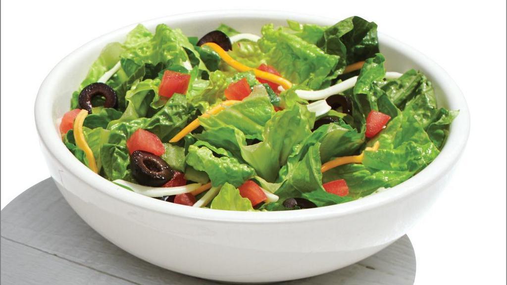 Garden Salad · Romaine Lettuce topped with Green Peppers, Roma Tomatoes, Black Olives, Whole-Milk Mozzarella and Mild Cheddar Cheeses. 190 calories.