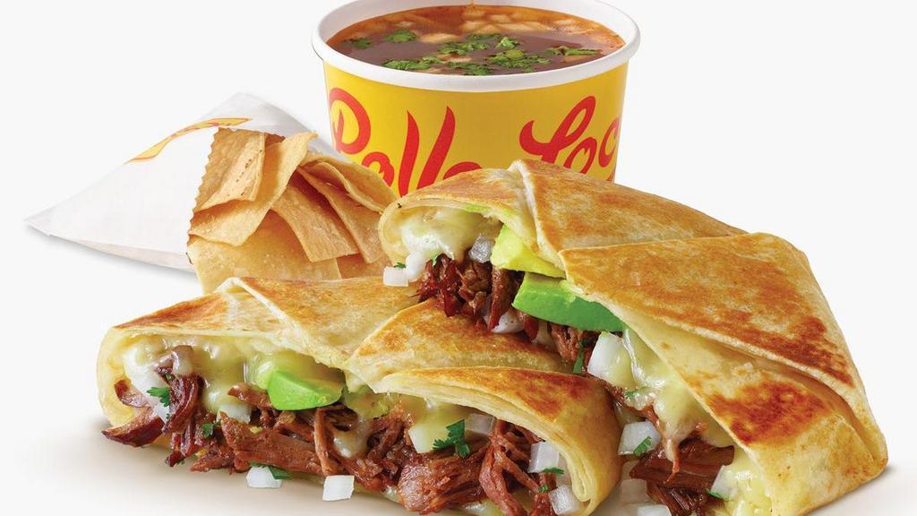 Stuffed Birria Quesadilla Box · Filled with our tender shredded beef birria, melted cheese, fresh avocado, chopped onions and cilantro. Served with fresh tortilla chips and our consomé dipping sauce – a warm savory broth perfect for dipping to add more bold flavor to every bite.