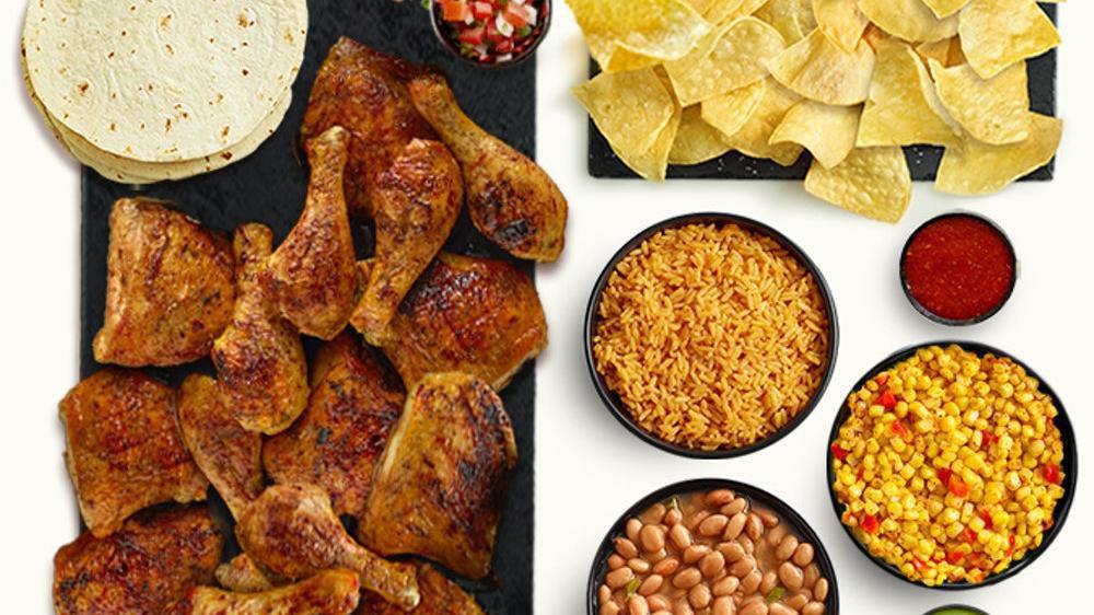 16Pc Fire-Grilled Chicken Dinner · 16 pieces of fire-grilled chicken with 3 large sides, warm tortillas, chips and fresh salsa.
