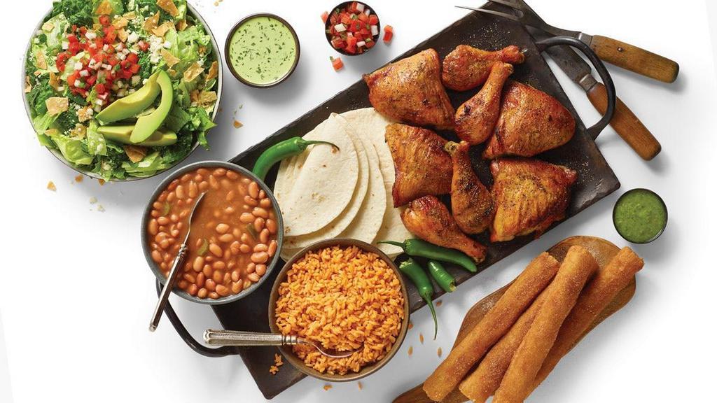 8Pc Family Feast · 8 pieces of our famous fire-grilled chicken, large avocado family salad, 2 large sides, 4 churros, flour/corn tortillas or chips, and salsa. Serves 3-4 people.