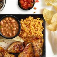 4Pc Fire-Grilled Chicken Combo · 4 pieces of fire-grilled chicken with choice of 2 small sides and tortillas. Includes chips ...