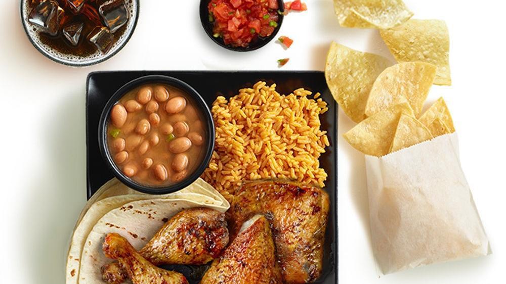 4Pc Fire-Grilled Chicken Combo · 4 pieces of fire-grilled chicken with choice of 2 small sides and tortillas. Includes chips & salsa and drink..