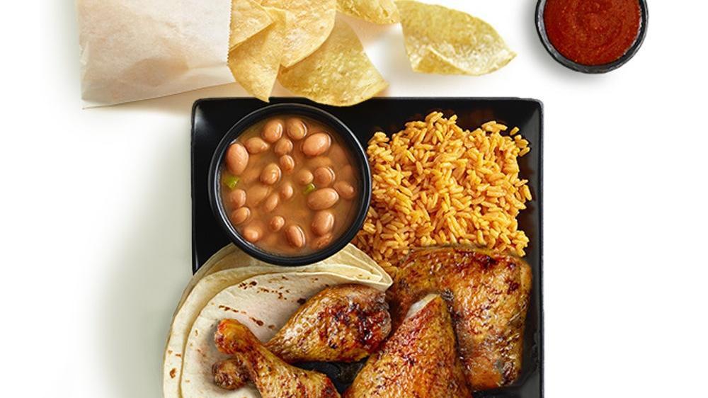 4Pc Fire-Grilled Chicken Meal · 4 pieces of fire-grilled chicken with choice of 2 small sides and tortillas. Includes chips and salsa.