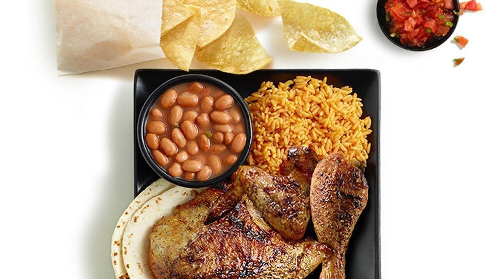 3Pc Fire-Grilled Chicken Meal · 3 pieces of fire-grilled chicken, 2 small sides and tortillas. Includes chips and salsa.