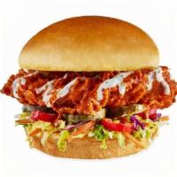 Nashville Hot Chicken Sandwich · HAND-BREADED CHICKEN / NASHVILLE HOT SAUCE / SLAW / PICKLED HOT PEPPERS / PICKLES / RANCH / ...