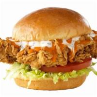 Buffalo Ranch Chicken Sandwich · HAND-BREADED CHICKEN / MEDIUM BUFFALO SAUCE / RANCH / SHREDDED ICEBERG LETTUCE / TOMATO / CH...