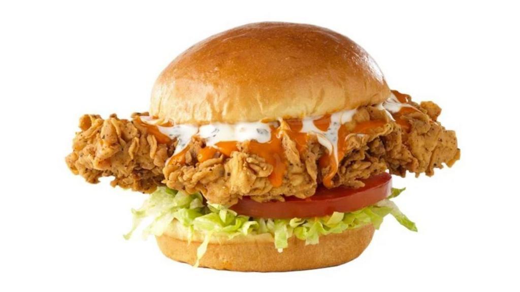 Buffalo Ranch Chicken Sandwich · HAND-BREADED CHICKEN / MEDIUM BUFFALO SAUCE / RANCH / SHREDDED ICEBERG LETTUCE / TOMATO / CHALLAH BUN / NATURAL-CUT FRENCH FRIES