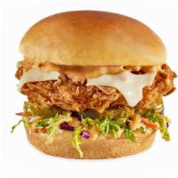 Southern Chicken Sandwich · HAND-BREADED CHICKEN / SWISS CHEESE / SLAW / PICKLES / BACON AIOLI / CHALLAH BUN / NATURAL-C...