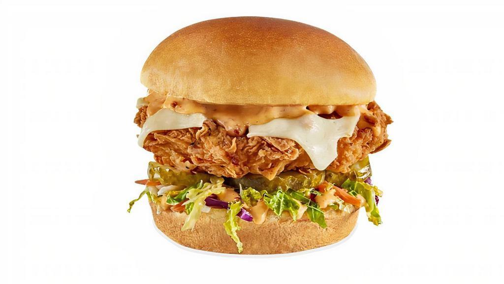 Southern Chicken Sandwich · HAND-BREADED CHICKEN / SWISS CHEESE / SLAW / PICKLES / BACON AIOLI / CHALLAH BUN / NATURAL-CUT FRENCH FRIES