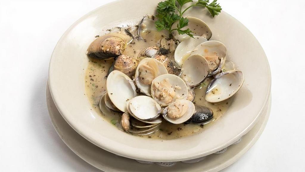 CLAMS · Steamed in their natural juices with garlic, white wine, lemon & parsley