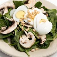 SPINACH SALAD · Spinach, hard boiled egg, pine nuts, mushrooms, honey mustard dressing