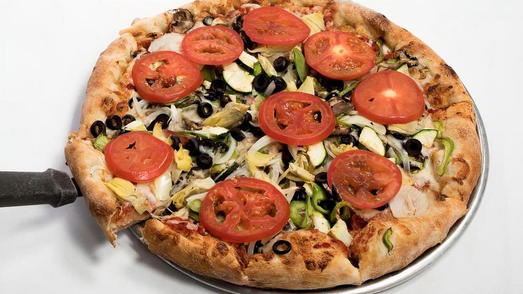 VEGETARIAN FANTASY PIZZA  -SM · Onion, zucchini, artichoke heart, black olive, bell pepper, fresh tomato, mushroom