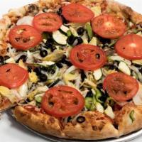 VEGETARIAN FANTASY PIZZA -MD · Onion, zucchini, artichoke heart, black olive, bell pepper, fresh tomato, mushroom