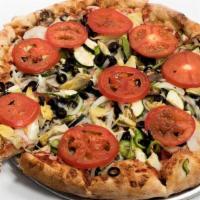 VEGETARIAN FANTASY PIZZA -LG · Onion, zucchini, artichoke heart, black olive, bell pepper, fresh tomato, mushroom