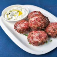 Keftedes (Greek Meatballs) · Five freshly ground beef and lamb meatballs mixed with onion, herbs and spices; served with ...