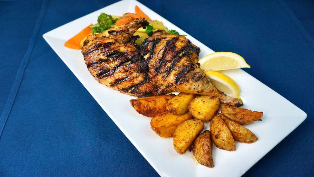 Chicken Lemonato with Oven Potatoes & Vegetables · One-half Mary's Organic free range chicken mostly deboned, brushed with mixture of olive oil, fresh lemons and oregano then grilled; served with vegetables and choice of oven potatoes, steak fries or rice pilaf.