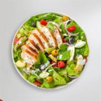 Cluck Chuck Salad · Mixed greens, chicken, tomato, onion, cucumber, olives, and avocado tossed with house dressi...
