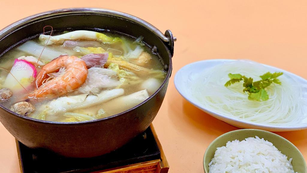 H7. Japanese Miso Pot 日式味噌海鮮鍋 · Spicy. Chef recommendation. No spicy. Pork, shrimp, quail egg, clam, fish ball, kamaboko, fish cake, meatball, fish fillet, imitation crab, cuttlefish, vermicelli, assorted mushrooms, assorted vegetables.