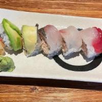 Rainbow Roll · (Snow crab avocado topped assorted fishes).