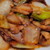 Family Style Twice Cooked Pork 回锅肉（午） · Spicy.