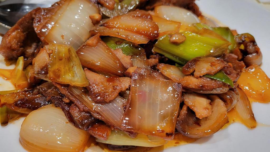 Family Style Twice Cooked Pork 回锅肉（午） · Spicy.