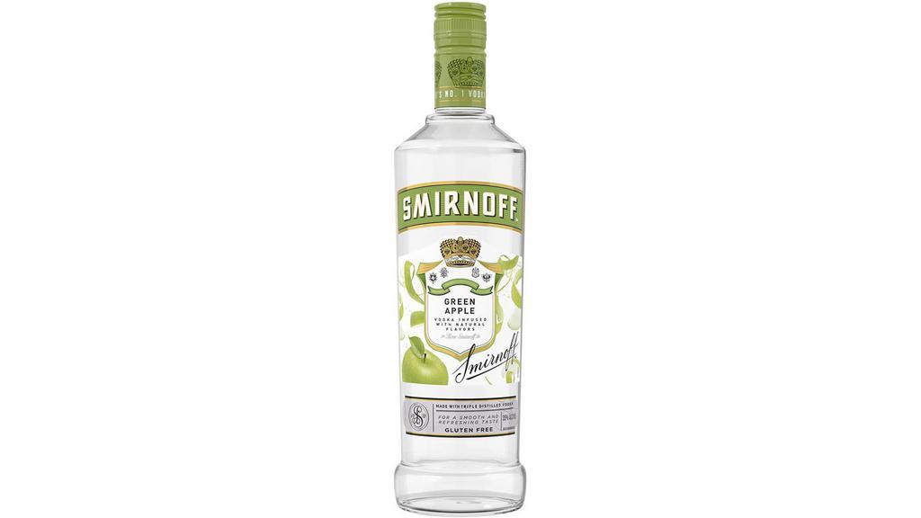 Smirnoff Green Apple (750 ml) · Smirnoff Green Apple is infused with the tart but sweet flavor of green apples. For simple cocktails, this spirit pairs best with soda water, lemonade or pineapple juice. For a more complex cocktail, add to a martini for a tangy twist. Smirnoff Green Apple is Kosher Certified and gluten free.