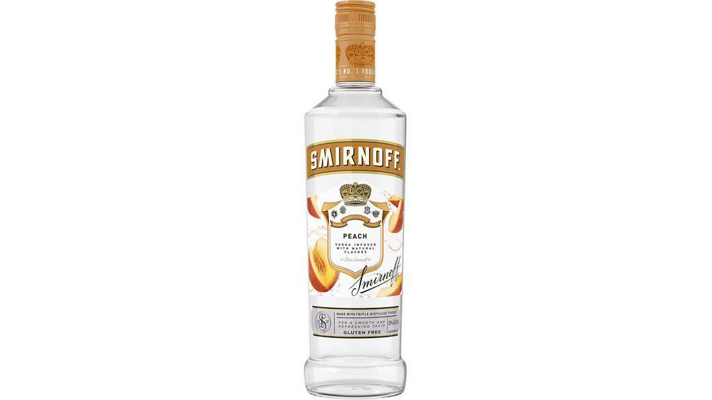 Smirnoff Peach (750 ml) · Smirnoff Peach is infused with the natural flavor of juicy peaches for a sweet and fruity taste. This spirit has a pleasant sweetness and pairs best with soda water, lemonade, or iced tea. Smirnoff Peach is Kosher Certified and gluten free.