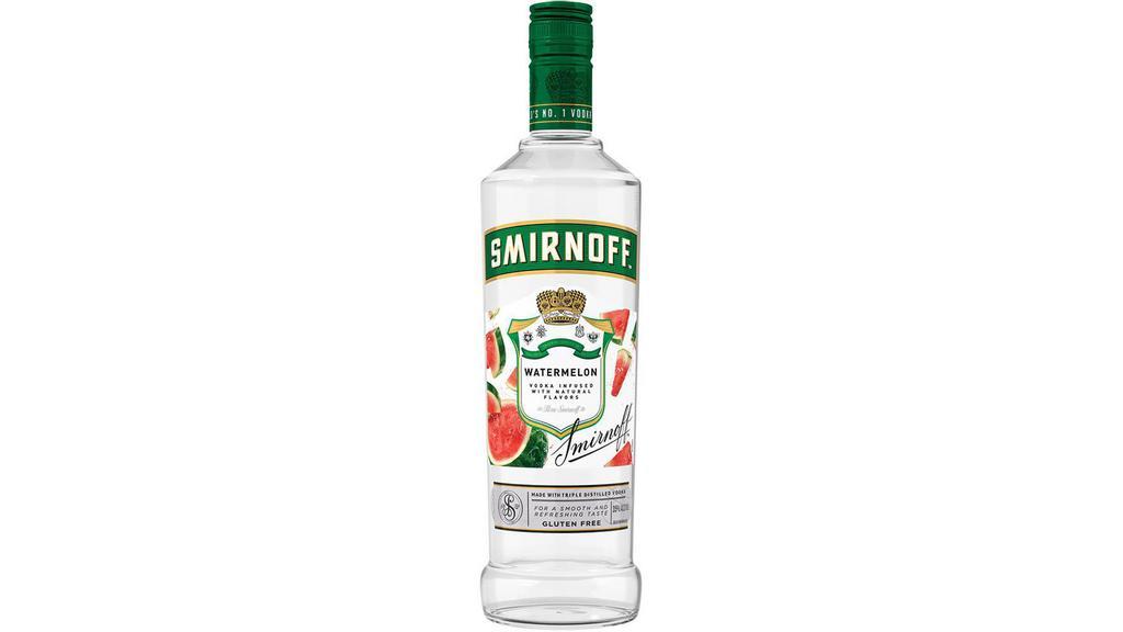 Smirnoff Watermelon (750 ml) · Smirnoff Watermelon is infused with a juicy watermelon flavor for a sweet and refreshing taste. This spirit pairs best with soda water, lemonade, or iced tea. For groups, Smirnoff Watermelon is great for party punches with fresh fruit juices. Smirnoff Watermelon is Kosher Certified and gluten free.