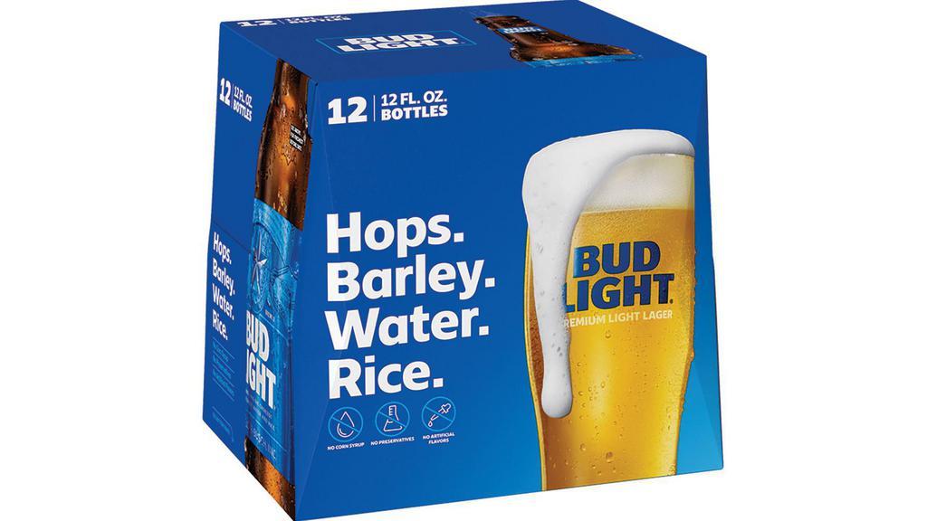 Bud Light Bottle (12 Oz X 12 Ct) · Bud Light is a premium beer with incredible drinkability that has made it a top selling American beer that everybody knows and loves. This light beer is brewed using a combination of barley malts, rice and a blend of premium aroma hop varieties. Featuring a fresh, clean taste with subtle hop aromas, this light lager delivers ultimate refreshment with its delicate malt sweetness and crisp finish. Bud Light is made with no preservatives or artificial flavors. Grab this pack of beer bottles when you're in charge of providing party drinks, are in need of cold beer for a tailgate or simply want to keep a case of beer in your fridge so you're ready when Bud Light calls your name.